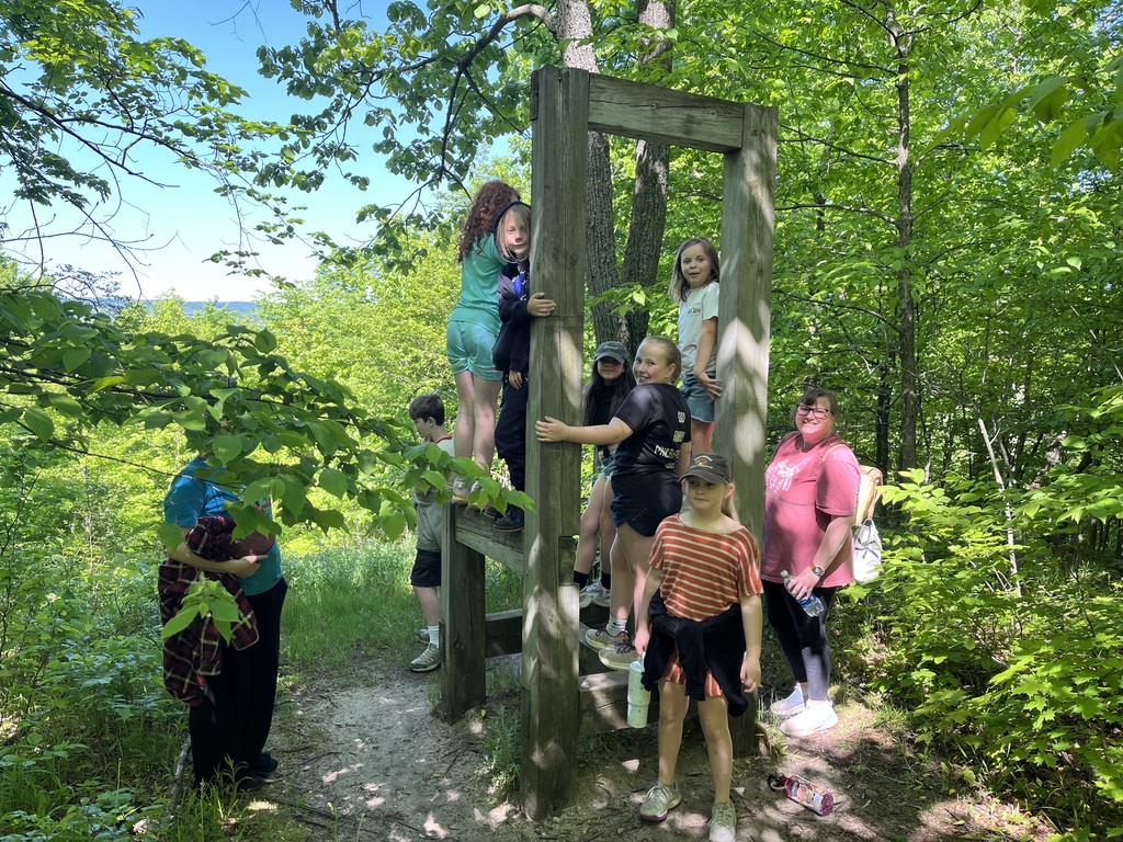 Students are climbing a wooden sculpture at MI Legacy Art Park