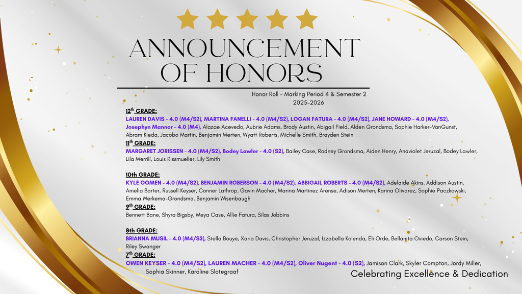 Marking Period 4/Semester 2 JH/HS Honor Roll