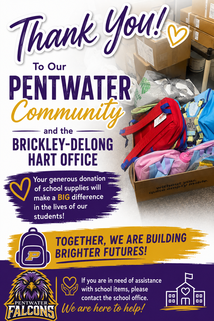 Thank you to our Pentwater community members and staff at the Hart Brickley-Delong Office for donating school supplies for our Pentwater students.
