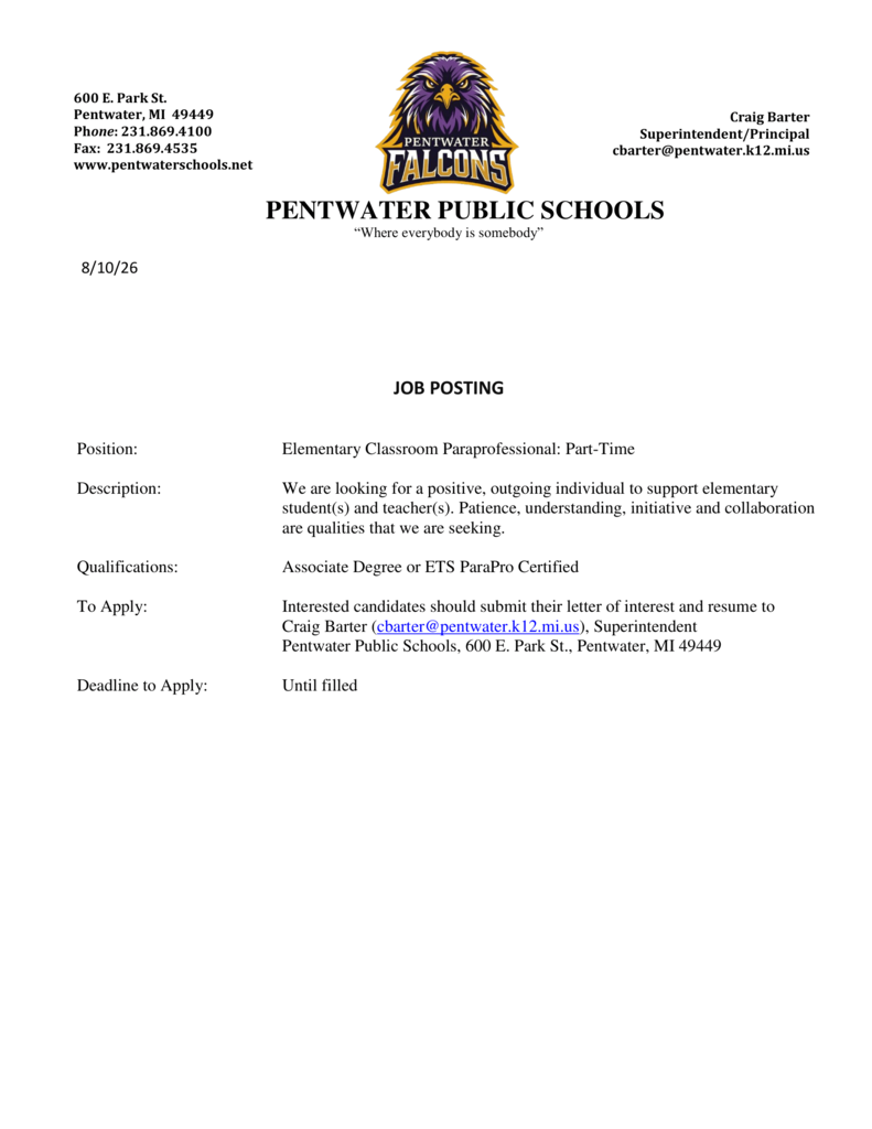 Job Posting - Elementary Paraprofessional 2026-2027