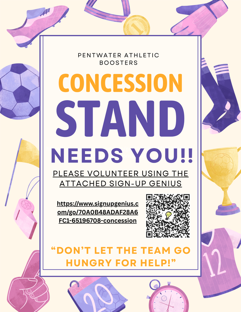 The Pentwater Athletic Boosters need your help! Volunteers are need to keep our concession stand open. Please use the link or QR code to sign up today. 