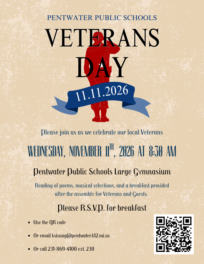 Veterans Day Flyer Nov 11, 2026 Pentwater Public Schools Large Gym 8:30Am