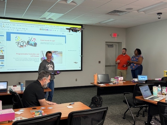 Groups of teachers learning with drones.