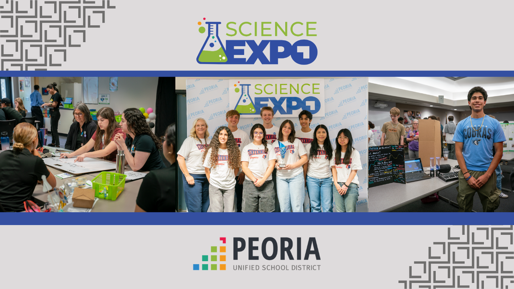 Wide banner promoting a Science Expo, featuring three photos arranged horizontally beneath a “Science Expo” logo with a laboratory flask icon. The left photo shows several students seated at a table working with materials and papers indoors. The center photo shows a group of students standing together in front of a Science Expo backdrop. The right photo shows a student standing beside a science project display board in a classroom or lab setting. The banner includes blue divider lines, geometric corner patterns, and the logo and name “Peoria Unified School District” centered at the bottom.