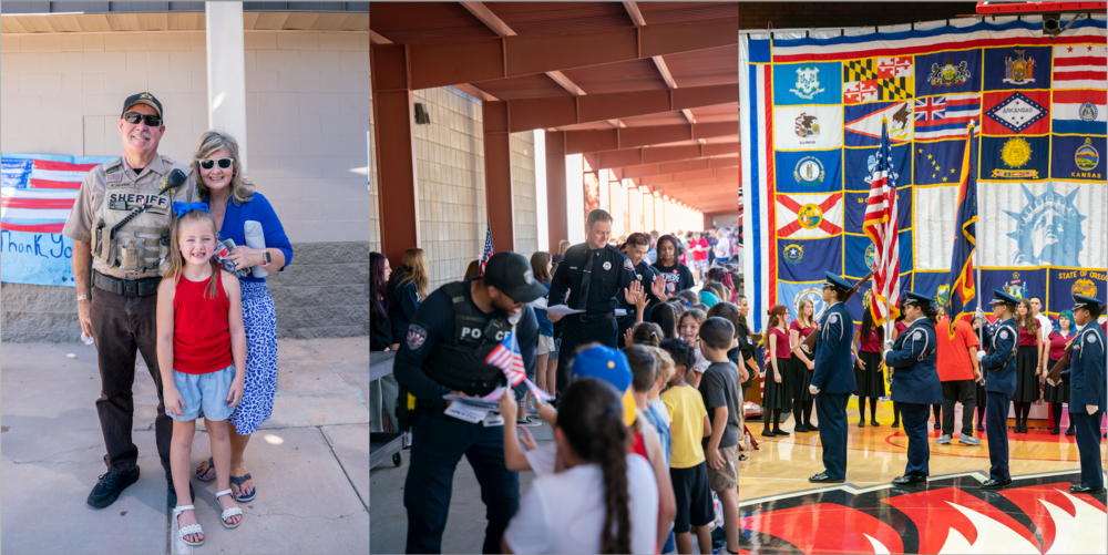 Collage of three patriotic community event scenes: a sheriff’s deputy posing with two attendees in front of an American flag display, public safety personnel greeting and handing out small U.S. flags to a line of schoolchildren, and a ceremonial color guard presenting flags in a school gymnasium beneath a large quilt featuring U.S. state flags.