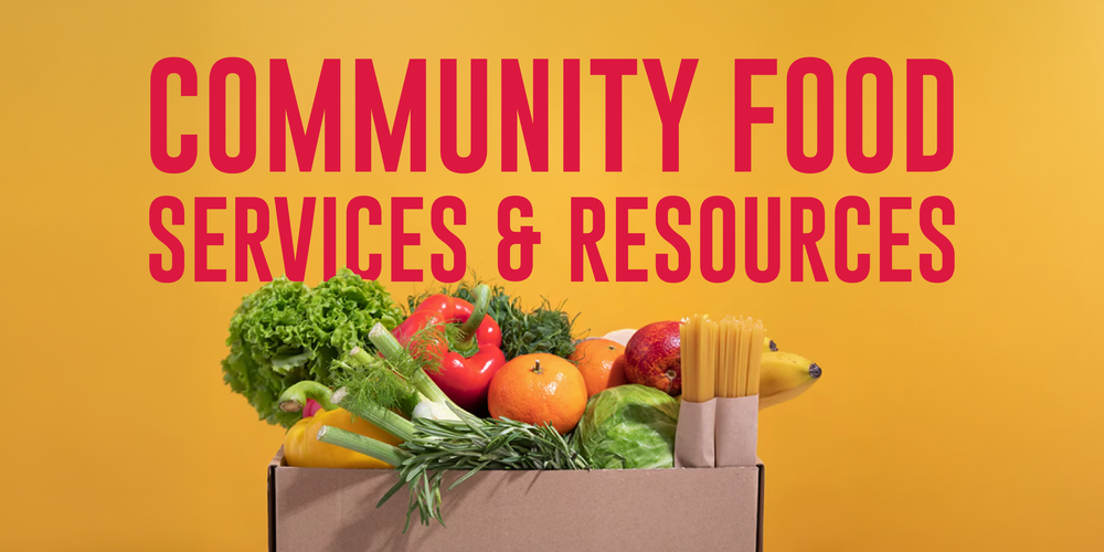 A cardboard box filled with fresh groceries, including lettuce, bell peppers, oranges, bananas, pasta, and herbs, against a bright yellow background. Above the box, large red text reads “COMMUNITY FOOD SERVICES & RESOURCES.”