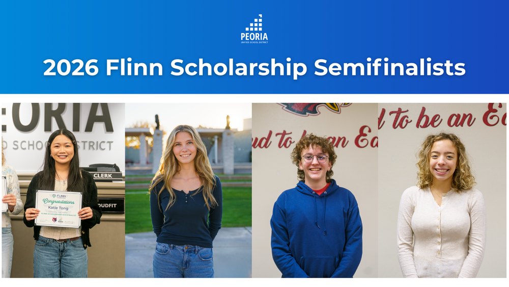 Peoria Unified School District graphic announcing ‘2026 Flinn Scholarship Semifinalists,’ featuring individual student portraits displayed beneath the headline.