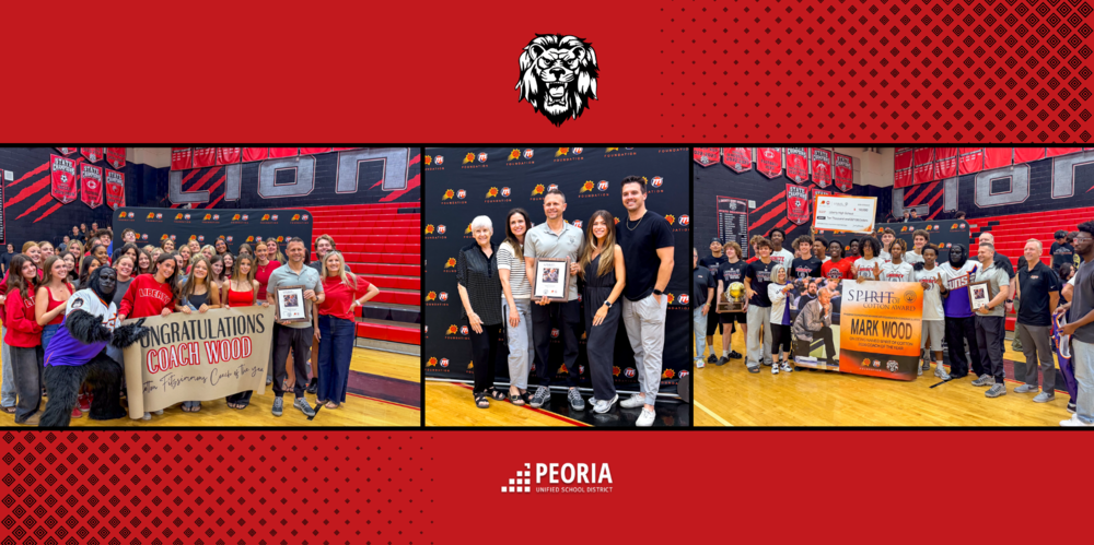 A wide, red-themed collage inside a high school gym shows three group photos celebrating an award recipient. Left: students and staff stand with a banner reading “Congratulations Coach Wood.” Center: Coach Mark Wood poses with family members holding a framed award in front of a school-branded backdrop. Right: a large group holds a sign recognizing “Spirit of Cotton” honoree Mark Wood. A lion logo appears at the top, and “Peoria Unified School District” is displayed at the bottom.