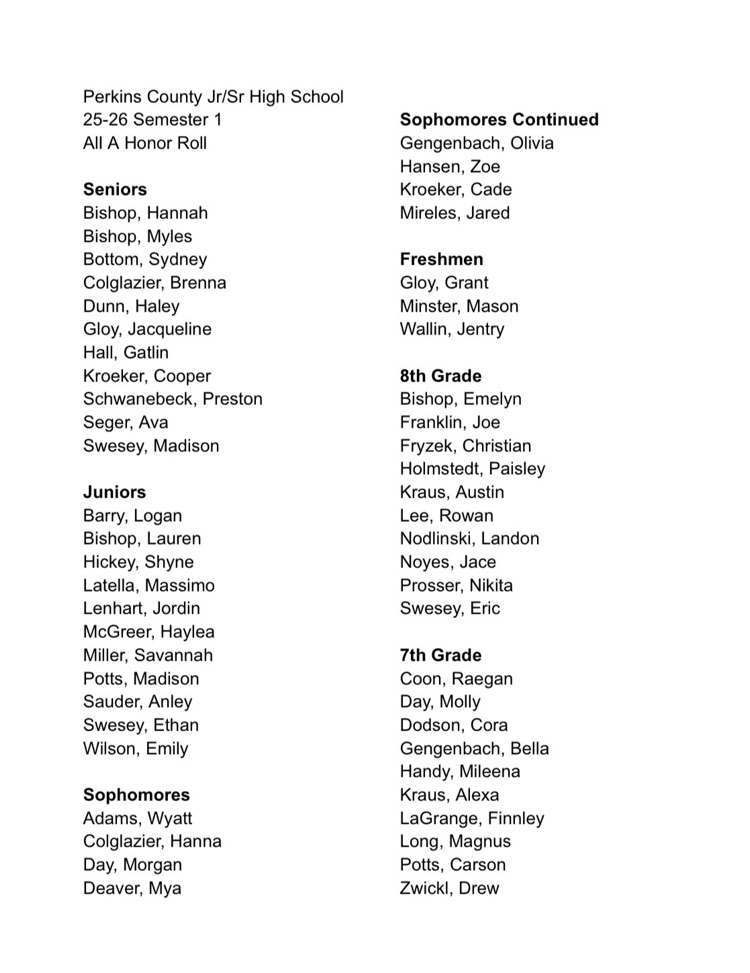 ⭐️ Semester 1 Honor Roll ⭐️         Jr/Sr HS:  2025-26        #celebratesuccess        #plainsmenpride 