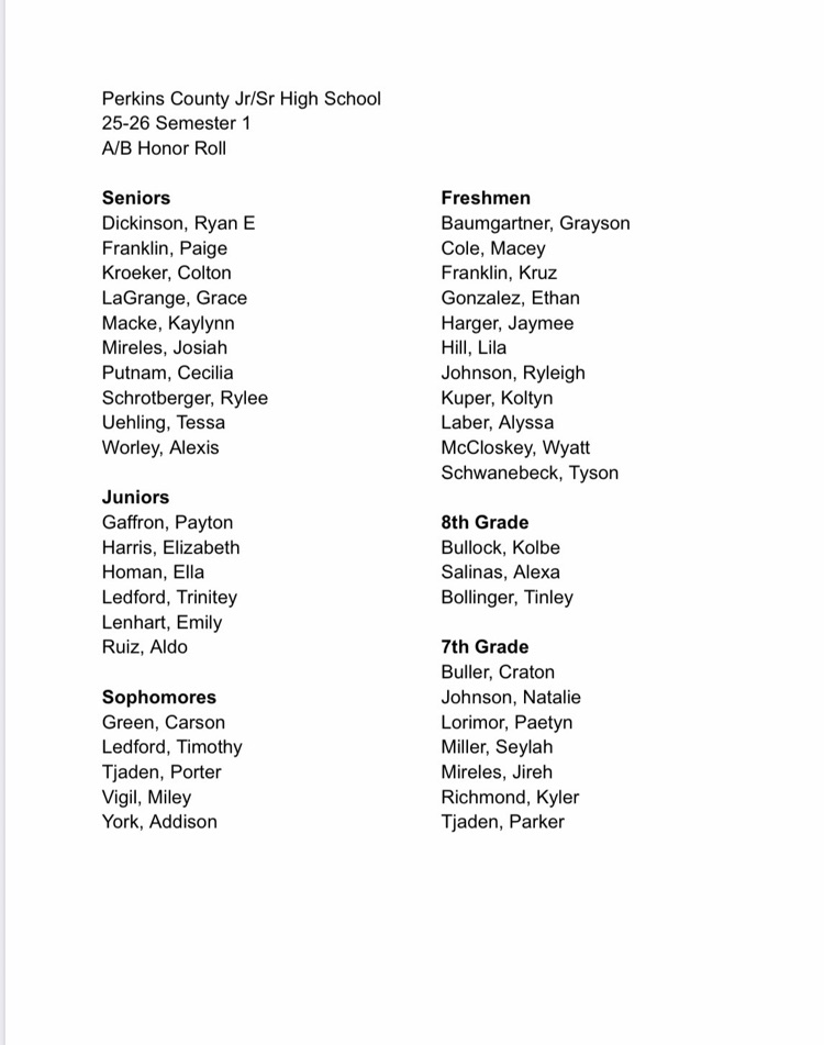 ⭐️ Semester 1 Honor Roll ⭐️         Jr/Sr HS:  2025-26        #celebratesuccess        #plainsmenpride 