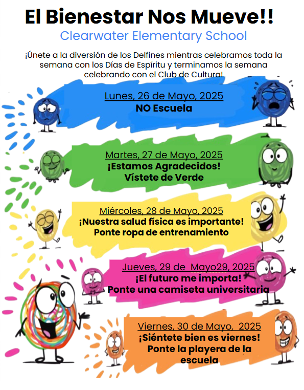 ¡Únete a la diversión en Clearwater Dolphins! 🐬 ¡Prepárate para celebrar la Semana del Espíritu del 26 al 30 de mayo con emocionantes días temáticos y muchísimo espíritu escolar! 🎉