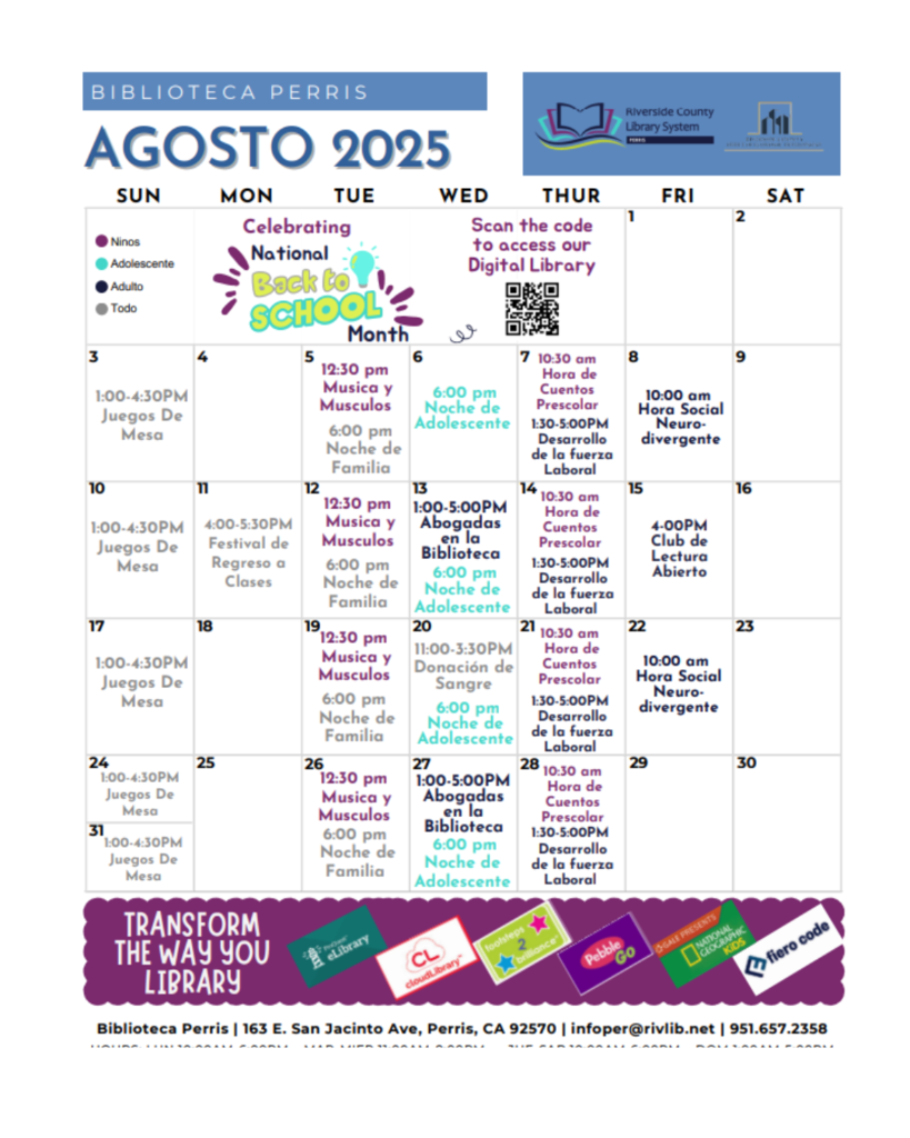 Programas de Agosto disponibles en La Biblioteca Publica de Perris