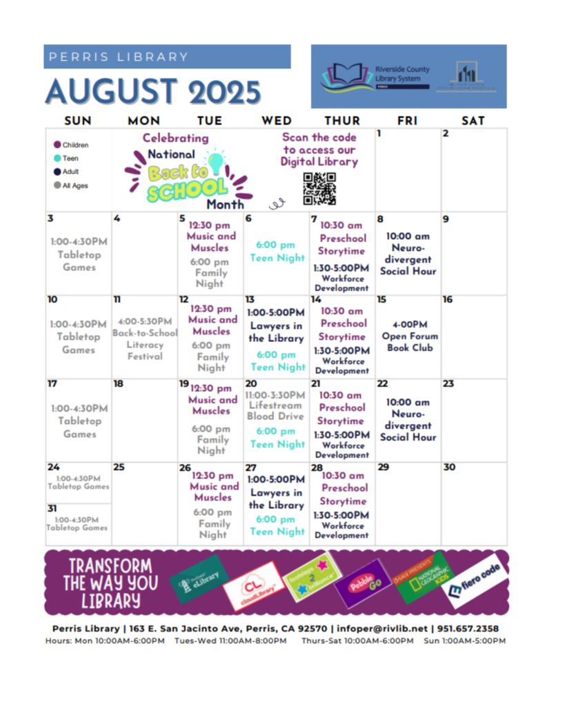 Perris Public Library August Weekly Programs