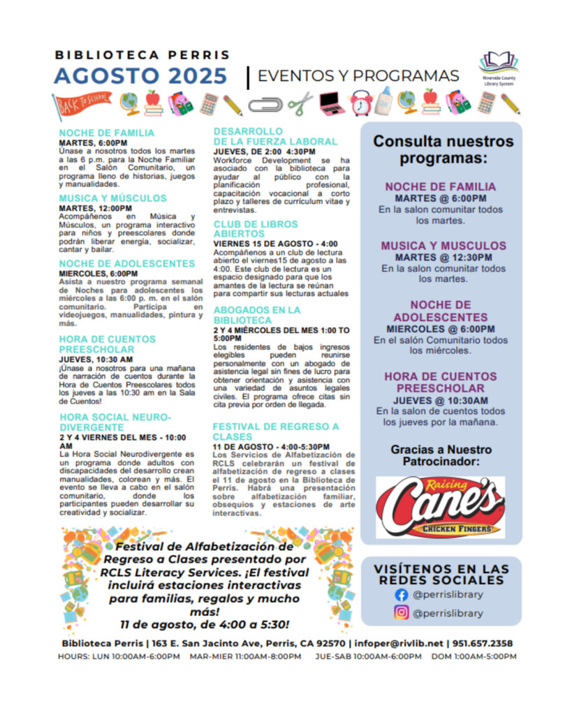 Programas de Agosto disponibles en La Biblioteca Publica de Perris
