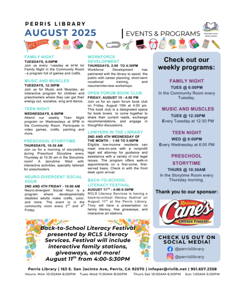 Perris Public Library August Weekly Programs