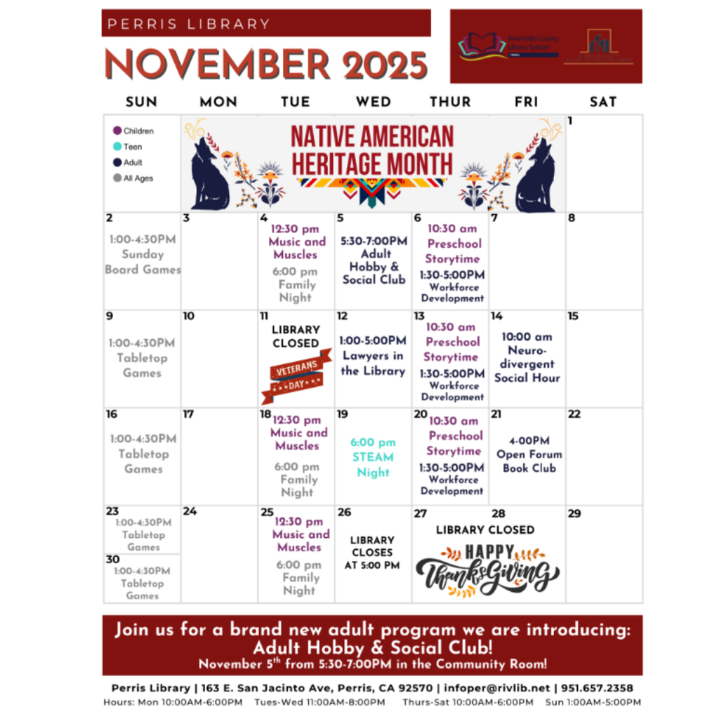 Perris Public Library November Events/Activities