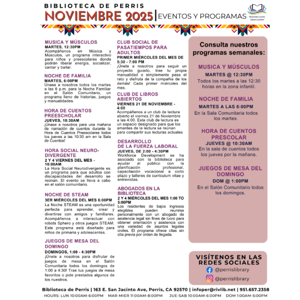 Perris Public Library November Events/Activities