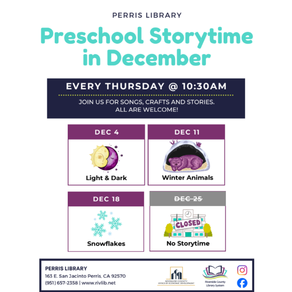 Perris Public Library December 2025, monthly events/ Eventos del mes de Diciembre de la Biblioteca de Perris