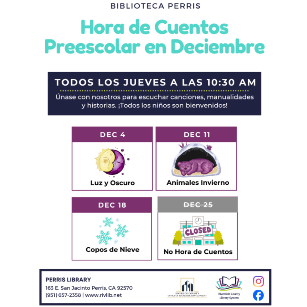 Perris Public Library December 2025, monthly events/ Eventos del mes de Diciembre de la Biblioteca de Perris