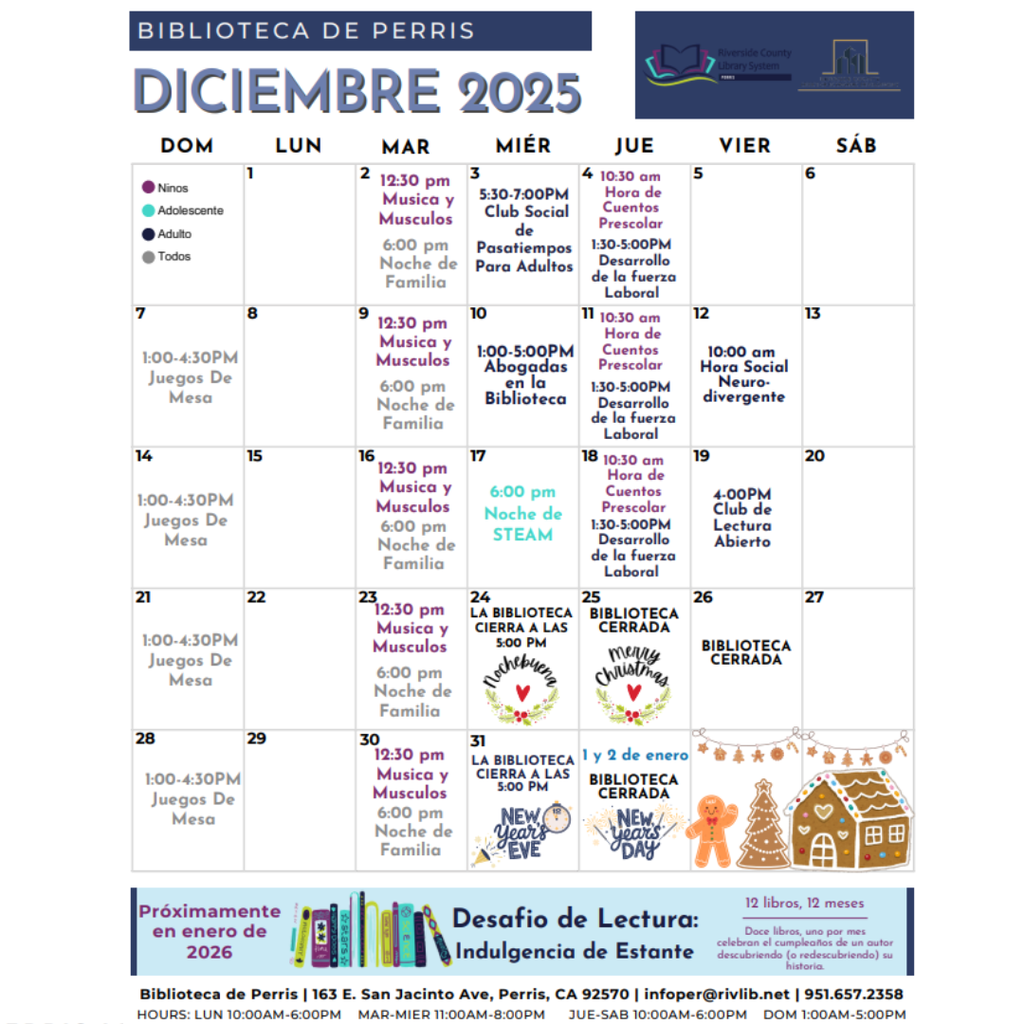 Perris Public Library December 2025, monthly events/ Eventos del mes de Diciembre de la Biblioteca de Perris