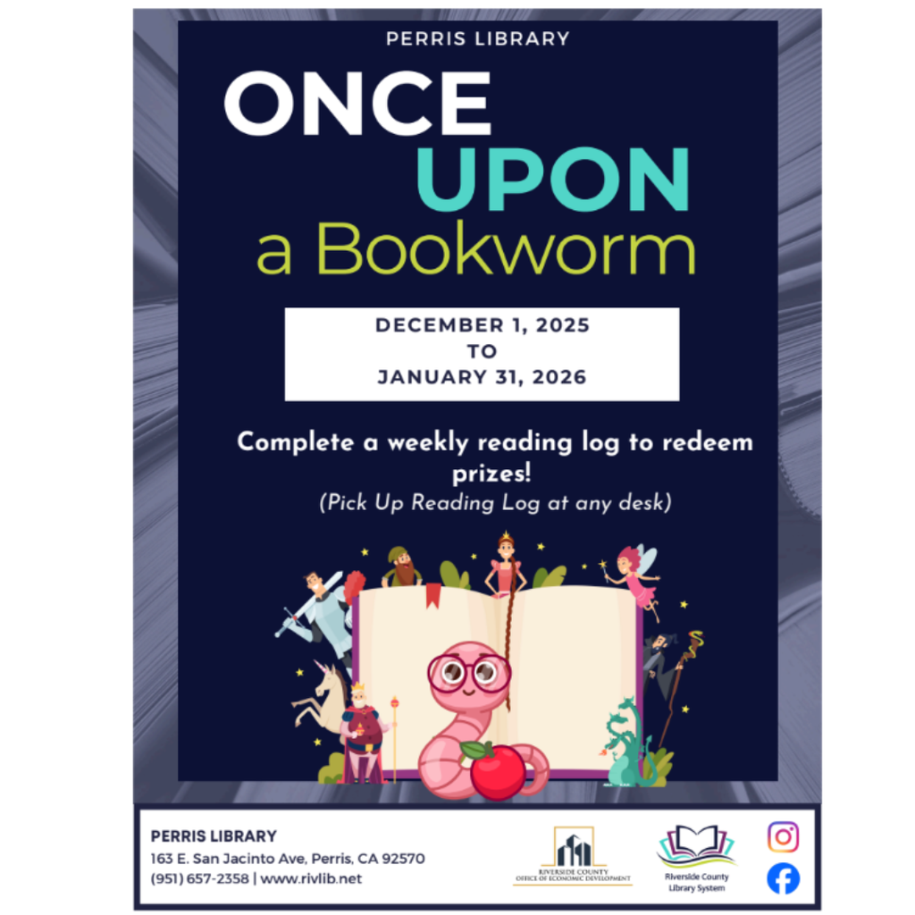 Perris Public Library December 2025, monthly events/ Eventos del mes de Diciembre de la Biblioteca de Perris