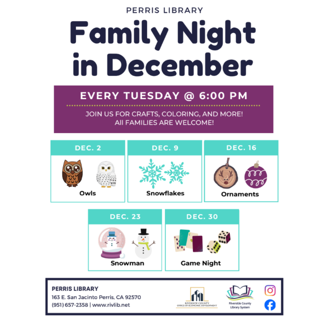Perris Public Library December 2025, monthly events/ Eventos del mes de Diciembre de la Biblioteca de Perris