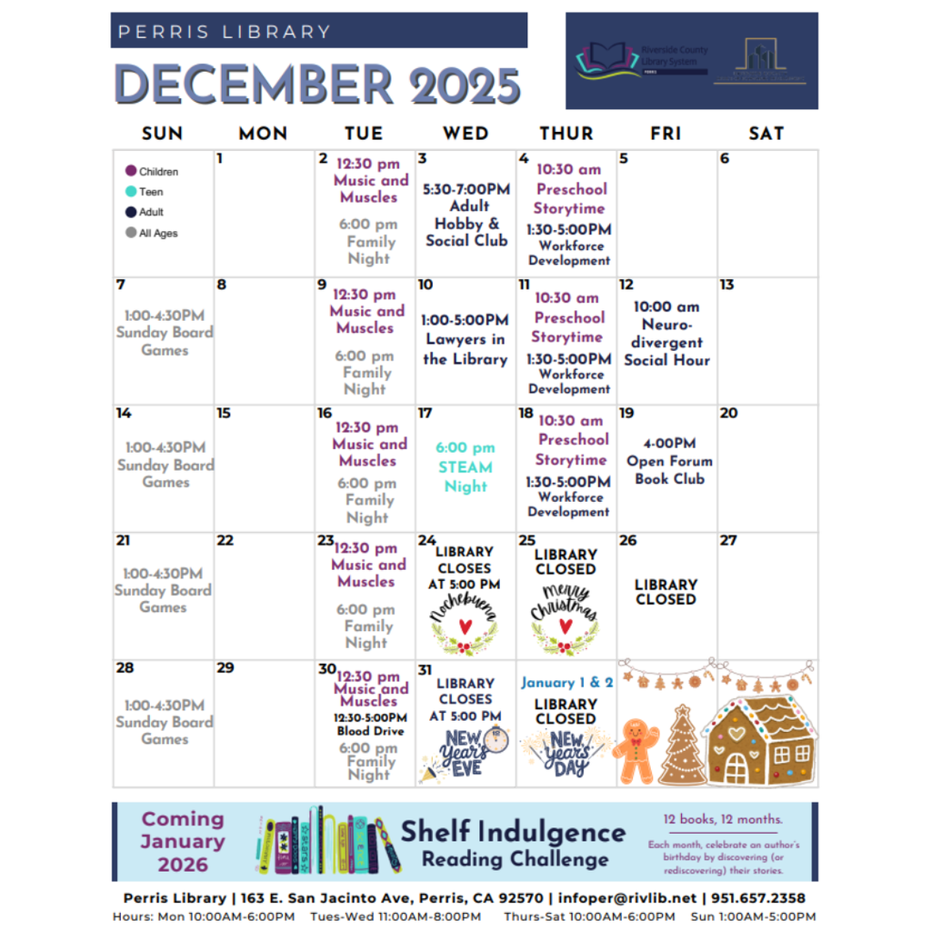Perris Public Library December 2025, monthly events/ Eventos del mes de Diciembre de la Biblioteca de Perris