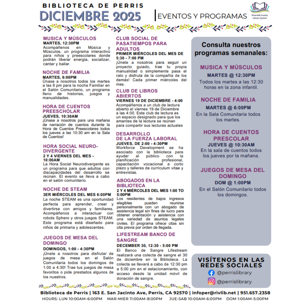 Perris Public Library December 2025, monthly events/ Eventos del mes de Diciembre de la Biblioteca de Perris