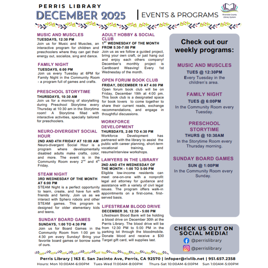Perris Public Library December 2025, monthly events/ Eventos del mes de Diciembre de la Biblioteca de Perris