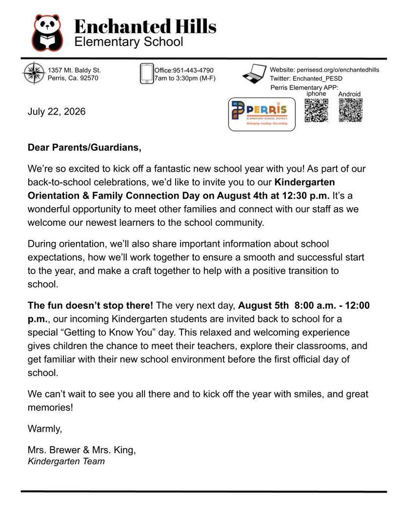 Kindergarten Orientation Letter Eng