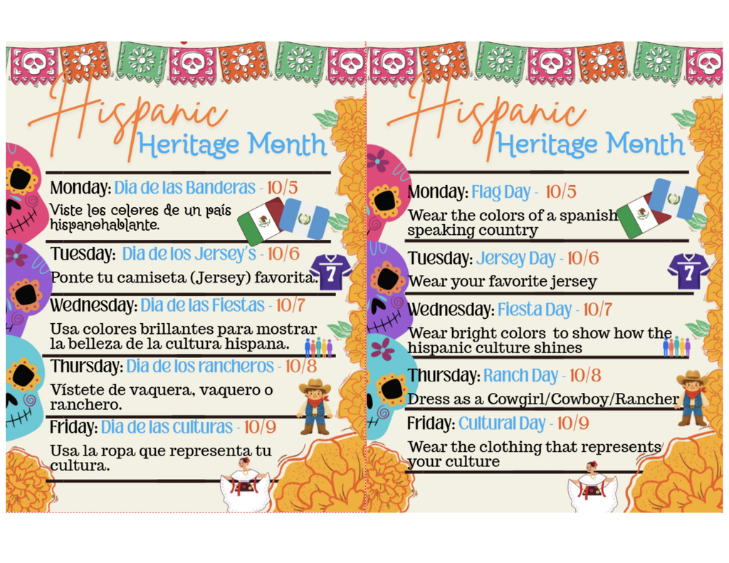 Reminder for Hispanic Heritage Spirit Week