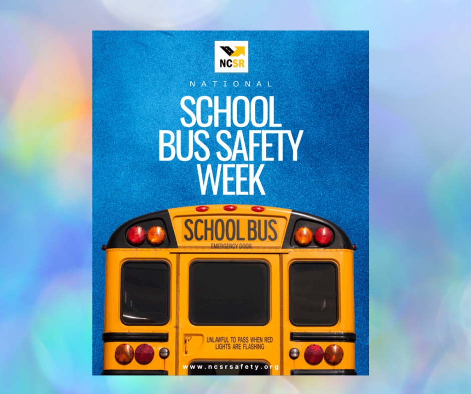 picture of bus and says school bus safety week