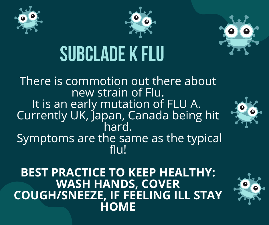 Subclade K flu varriant, best practice is hand washing, covering cough/sneeze and stay home when you don't feel well. 