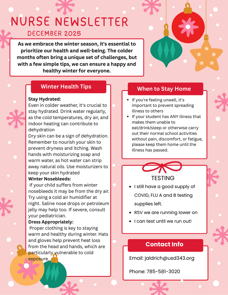 nurse updates on staying healthy in winter, contact information, testing availability