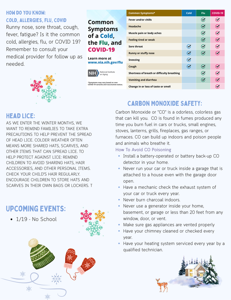 COVID vs Flu symptoms chart, headlice information, how to avoid carbon monoxide poisoning