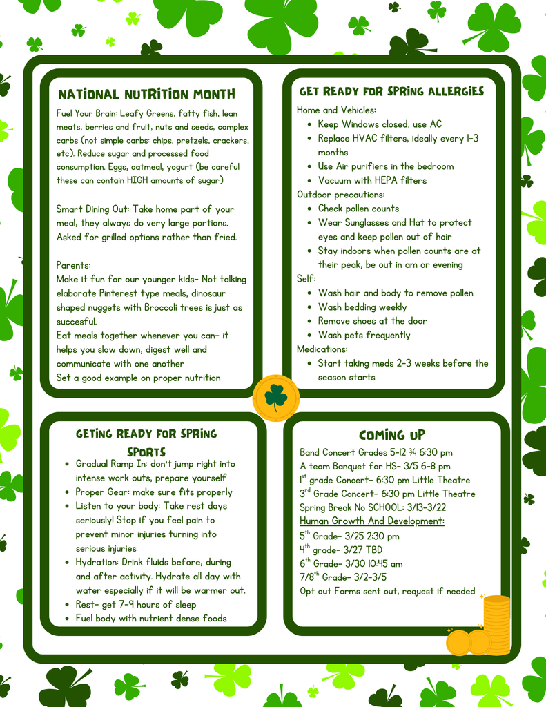 information on Nutrition, preparing for allergy season, preparing for spring sports, events coming up