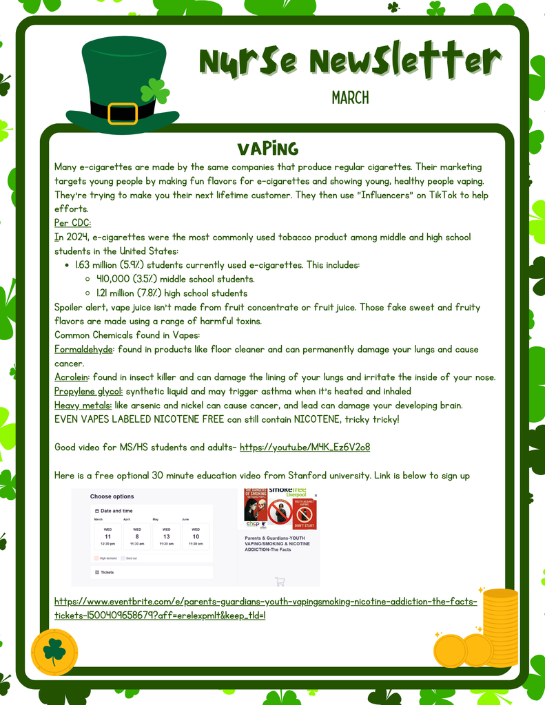March Nurse Newsletter, information on Vaping