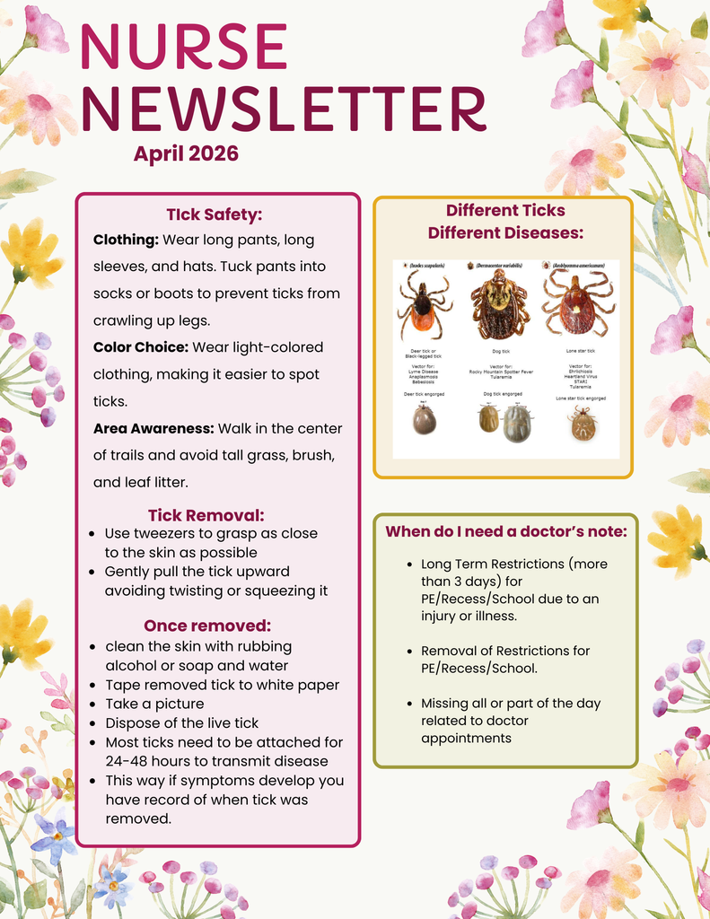 April Nurse Newsletter: Tick safety section, picture of ticks and section on when students need dr notes