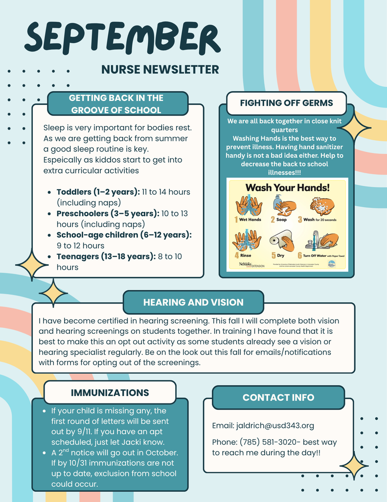 September nurse newsletter, sections on Sleep needs, handwashing, hearing and vision screening, immunizations, school nurse contact info