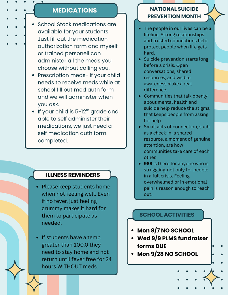 September nurse newsletter. Sections on suicide prevention month, illness reminders, medications and upcoming school activities
