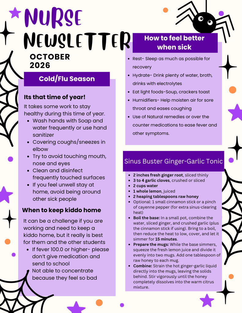 October nurse newsletter: Cold/flu season tips tricks, how to feel better when sick, tea recipe