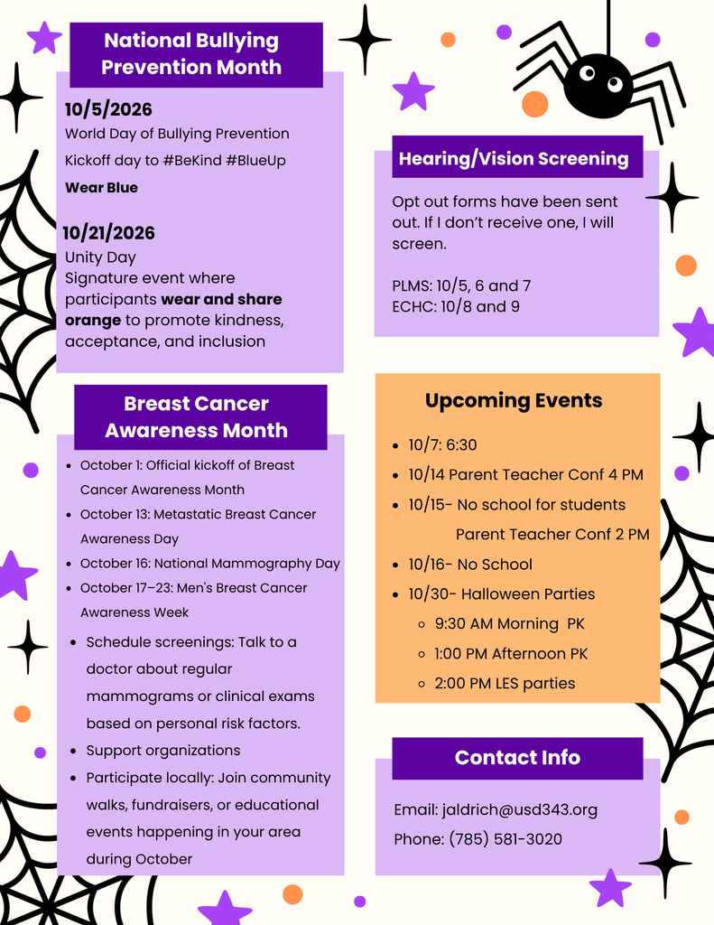 National bullying month- what days to wear blue and orange, breast cancer awareness month, hearing/vision screening, upcoming events