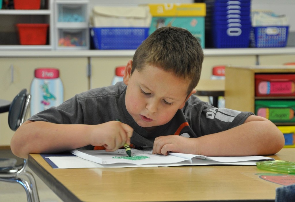 An elementary student coloring. 
