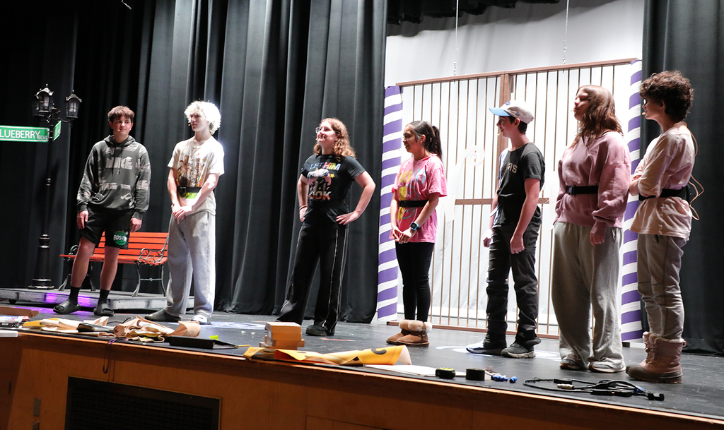A group of high school students standing on an auditorium stage. 