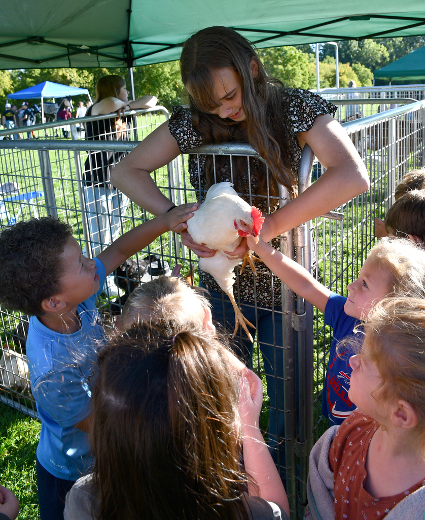 A high school student holding a chicken so younger students can see it. 