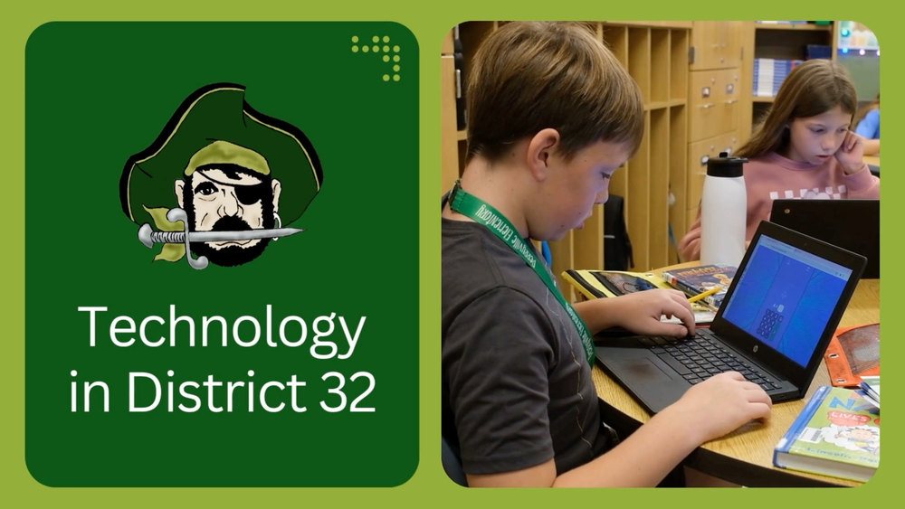 Technology in District 32 graphic with image of student using a Chomebook..
