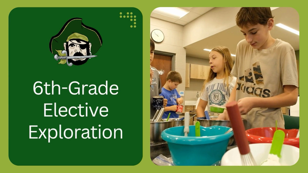Video thumbnail that says "6th-Grade Elective Exploration with an image of a male 6th grade student measuring flour in FACS class.
