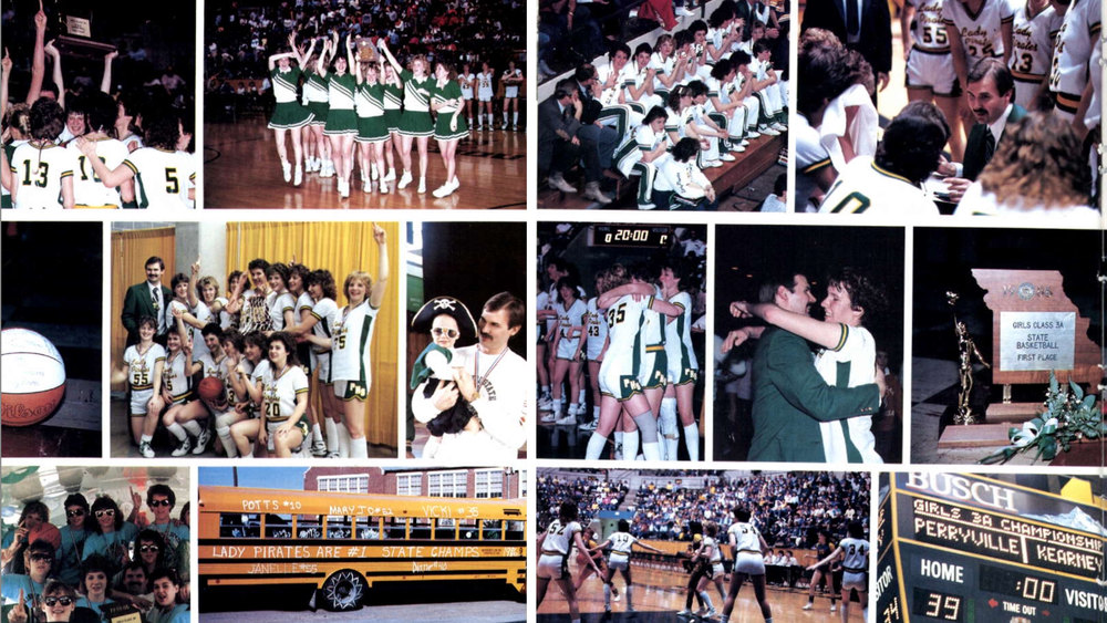A collage of images of the 1986 PHS girls basketball team celebrating its state championship.