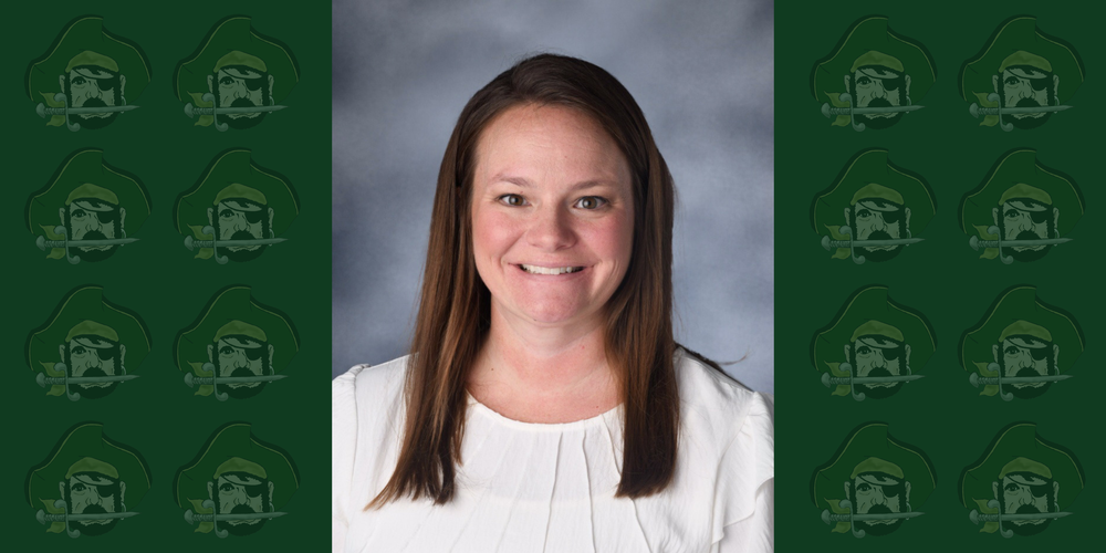 A headshot of Dr. Stacey Versemann over a background of an array of Pirate head logos.