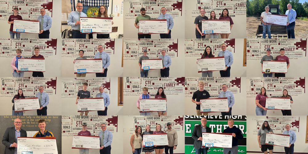A collage of 20 images of Career Center students receiving oversize checks for scholarships.